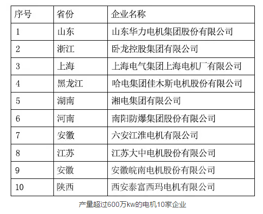 產(chǎn)量超過(guò)600萬(wàn)kw的電機(jī)10家企業(yè)